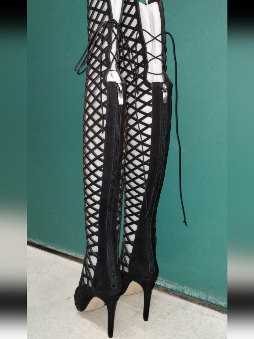 Vince Camuto Black Lattice Over-the-Knee Lace-Up Stiletto Boots - Picture 6 of 6